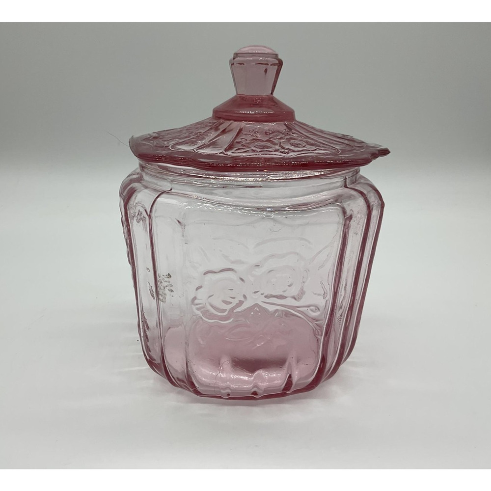 Vintage Pink Pressed Glass Bottle With Lid Floral Pattern Canister Unmarked